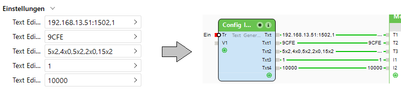 Darstellung einer Konfiguration zum synchronen Lesen von Registern über Modbus-TCP in der Loxone Config samt Dokumentation.